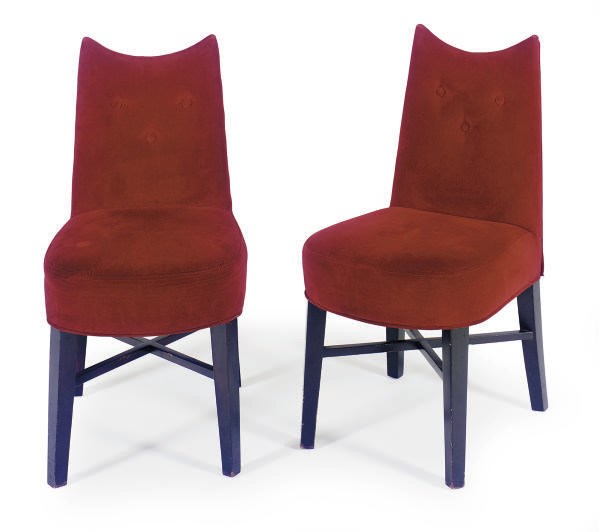 A SET OF FOURTEEN EBONIZED AND VELVET-UPHOLSTERED DINING CHAIRS,