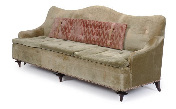A PAIR OF GREEN UPHOLSTERED SOFAS,