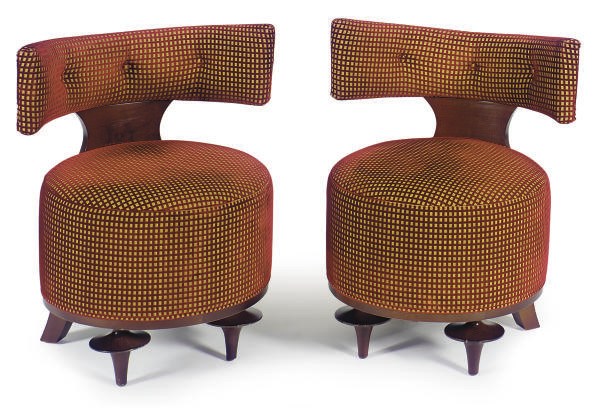 A SET OF FOUR BEECHWOOD AND VELVET-UPHOLSTERED LOUNGE CHAIRS,