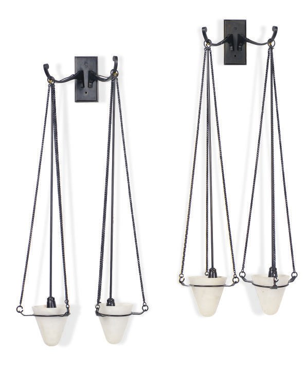 A SET OF FOUR METAL AND ALABASTER TWO-BRANCH WALL-LIGHTS,
