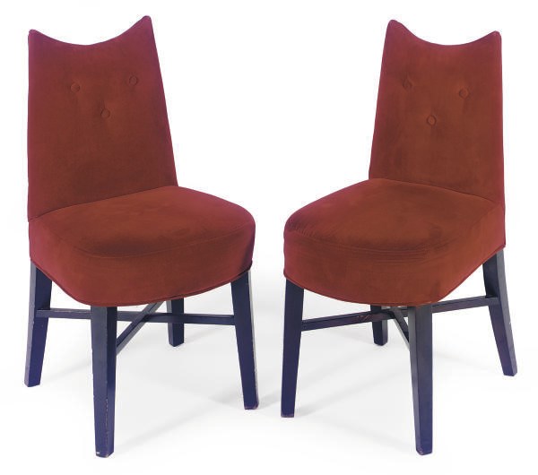 A SET OF TWELVE EBONIZED AND VELVET-UPHOLSTERED DINING CHAIRS,
