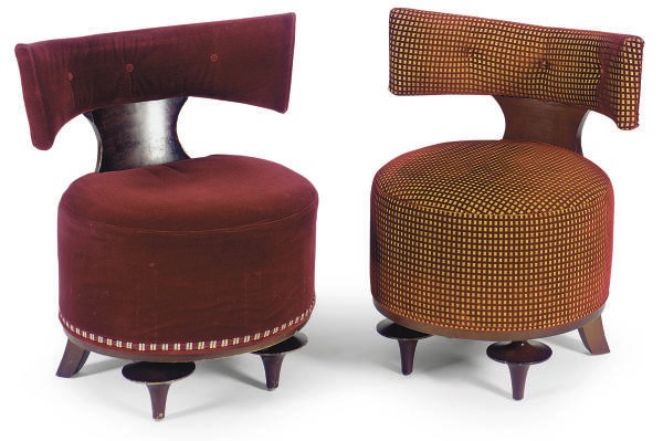FOUR BEECHWOOD AND VELVET-UPHOLSTERED LOUNGE CHAIRS,