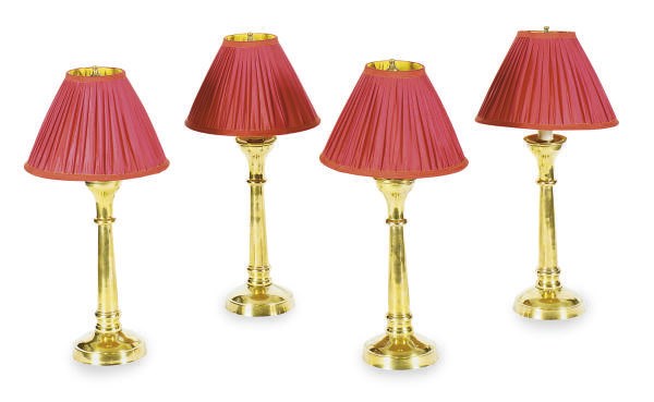 A SET OF FOUR BRASS CANDLESTICK-FORM TABLE LAMPS,