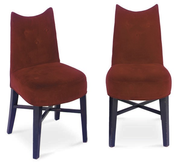 A SET OF TWELVE EBONIZED AND VELVET-UPHOLSTERED DINING CHAIRS,
