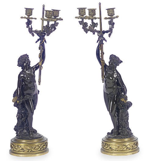 A PAIR OF FRENCH PATINATED AND GILT-BRONZE FIGURAL CANDELABRA,