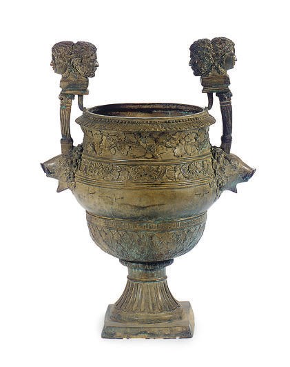A VERDEGRIS PATINATED BRONZE DOUBLE-HANDLED GARDEN URN.