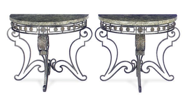 A PAIR OF PATINATED METAL AND MARBLE DEMILUNE SIDE TABLES,
