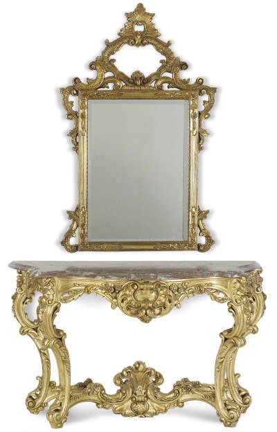 A FRENCH GILTWOOD AND MARBLE TOP CONSOLE TABLE,