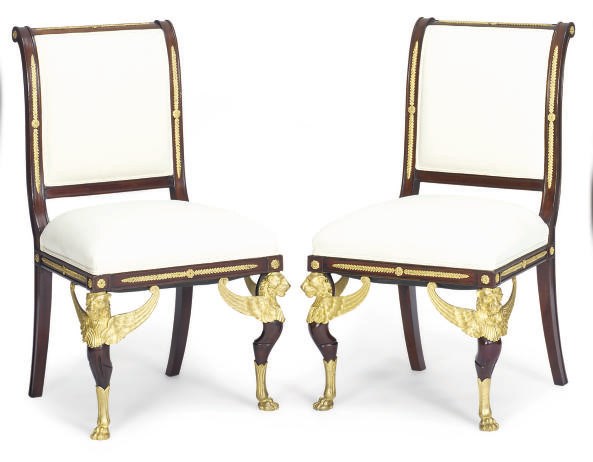 A PAIR OF FRENCH GILT-BRONZE MOUNTED MAHOGANY SIDE CHAIRS,