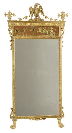 A PAINT-DECORATED, PARCEL-GILT AND EGLOMISE MIRROR,