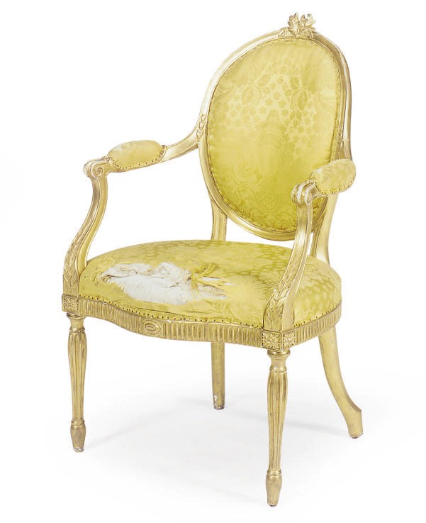 A GEORGE III GILTWOOD OPEN ARMCHAIR,