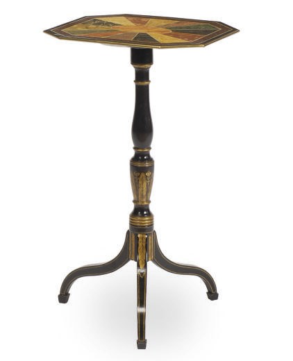 AN EBONIZED, PARCEL-GILT AND FAUX MARBLE CANDLESTAND,