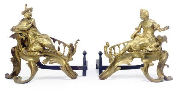 A PAIR OF FRENCH GILT-BRONZE AND STEEL FIGURAL CHENETS,