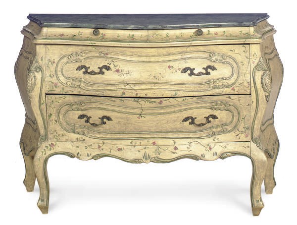 A POLYCHROME-PAINT DECORATED SERPENTINE BOMBE COMMODE,