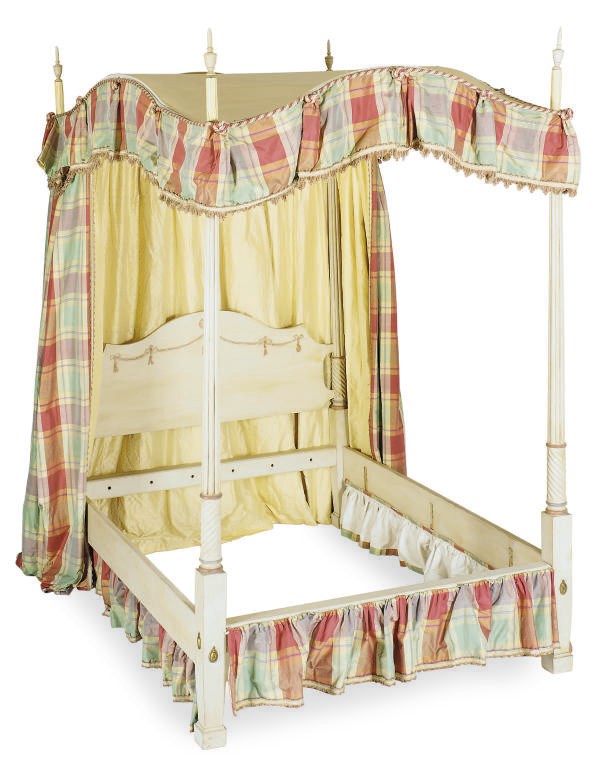 A CREAM AND POLYCHROME-PAINT DECORATED UPHOLSTERED CANOPY BED,