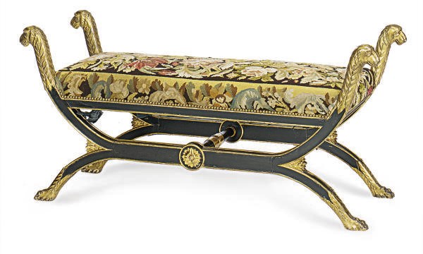 A VICTORIAN EBONIZED AND PARCEL-GILT WINDOW BENCH,
