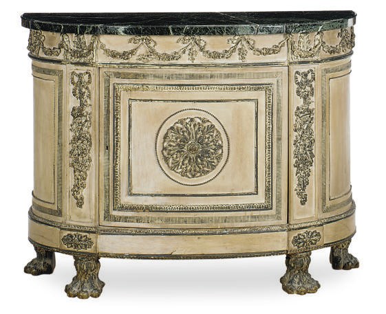 A CONTINENTAL GREY-PAINTED AND PARCEL-GILT DEMI-LUNE MARBLE TOP SIDE CABINET,