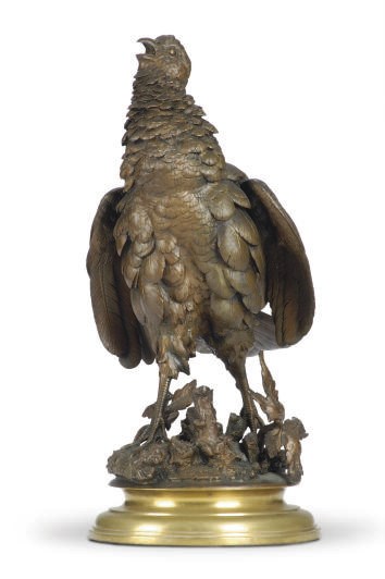 A PATINATED BRONZE MODEL OF A STANDING GAME BIRD,