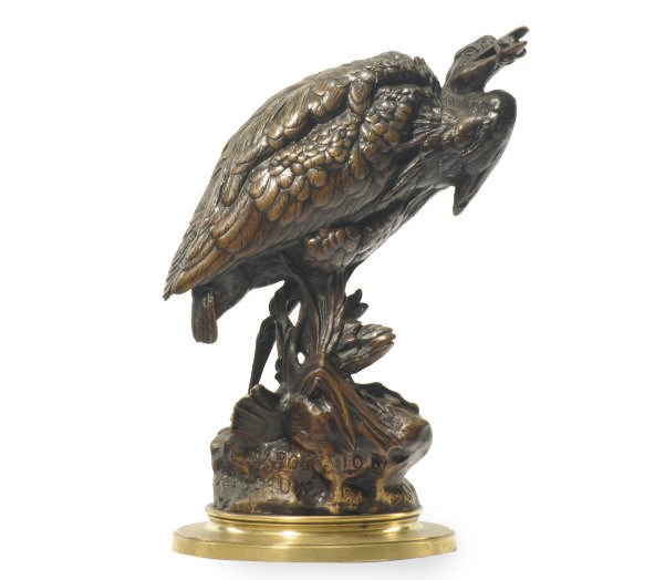 A FRENCH PATINATED BRONZE FIGURE OF A HERON,