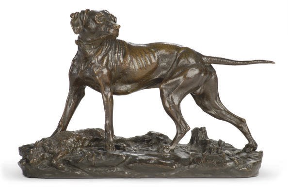 A FRENCH PATINATED BRONZE FIGURAL GROUP OF A POINTER AND HARE,