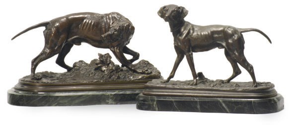 TWO PATINATED BRONZE FIGURES OF HOUNDS,