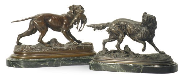TWO FRENCH PATINATED BRONZE FIGURES OF DOGS,