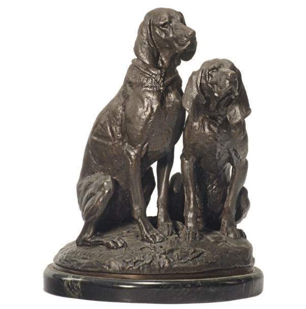 A FRENCH PATINATED BRONZE FIGURAL GROUP OF TWO HOUNDS,