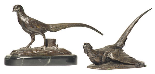 TWO FRENCH PATINATED BRONZE FIGURES OF PHEASANTS,