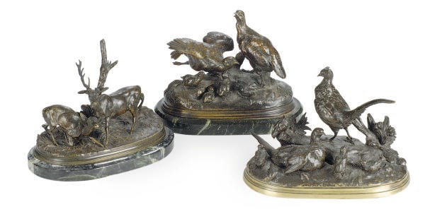 THREE FRENCH PATINATED BRONZE FIGURAL GROUPS,