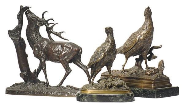 A FRENCH PATINATED BRONZE FIGURE OF A PHEASANT,