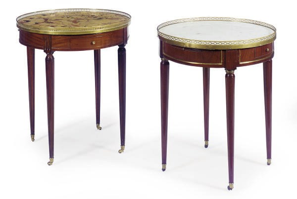 TWO FRENCH BRASS-MOUNTED MAHOGANY BOUILLOTE TABLES,