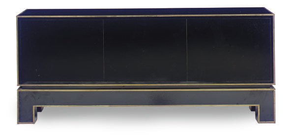 A BRASS-BANDED BLACK LACQUERED SIDE CABINET,