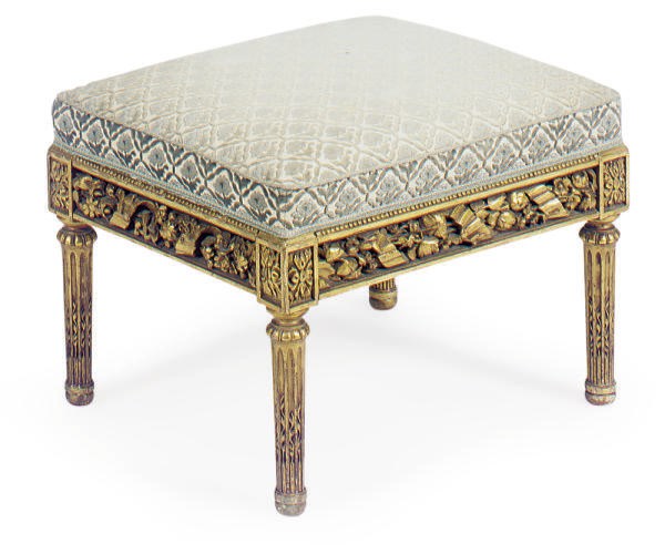 A FRENCH CARVED GILTWOOD AND UPHOLSTERED TABOURET,