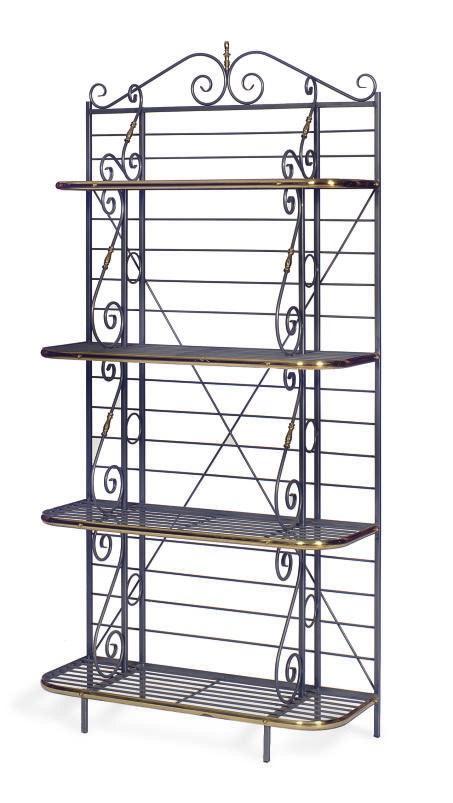 A STEEL AND BRASS BAKER'S RACK,