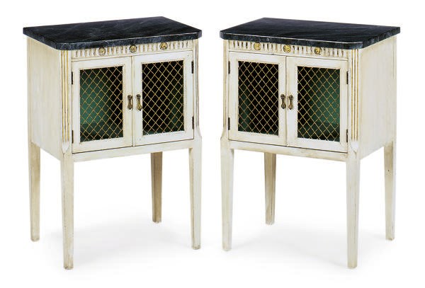 A PAIR OF CREAM-PAINTED AND FAUX MARBLE SIDE CABINETS,