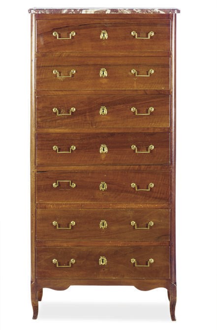 A FRENCH WALNUT AND MARBLE-TOP SEMAINIER,