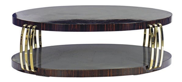 A CALAMANDER AND BRASS OVAL-FORM TWO-TIER LOW TABLE,