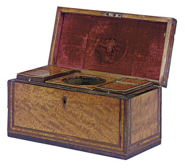 A GEORGE III SATINWOOD AND ROSEWOOD TEA CADDY**,