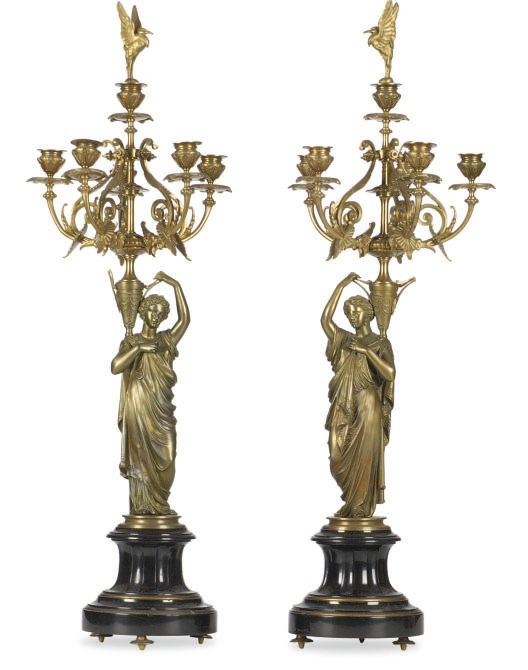 A PAIR OF FRENCH GILT-BRONZE AND SLATE FIVE-LIGHT FIGURAL CANDELABRA,