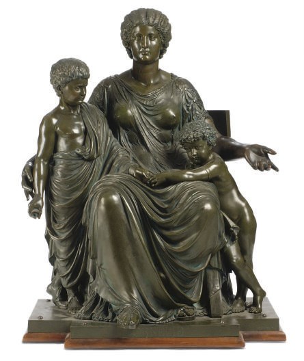A PATINATED BRONZE FIGURE GROUP OF CORNELIA AND HER TWO SONS,