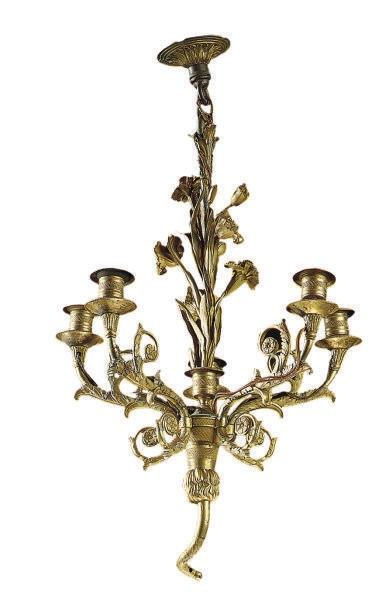 A PAIR OF FRENCH ORMOLU FIVE-LIGHT CHANDELIERS,