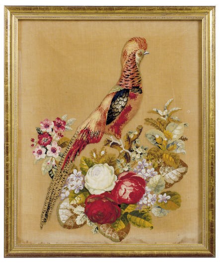 A VICTORIAN CHENILLE AND BEADED NEEDLEWORK OF A PARROT,