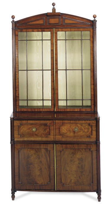 A REGENCY MAHOGANY AND EBONY-BANDED SECRETARY-BOOKCASE,