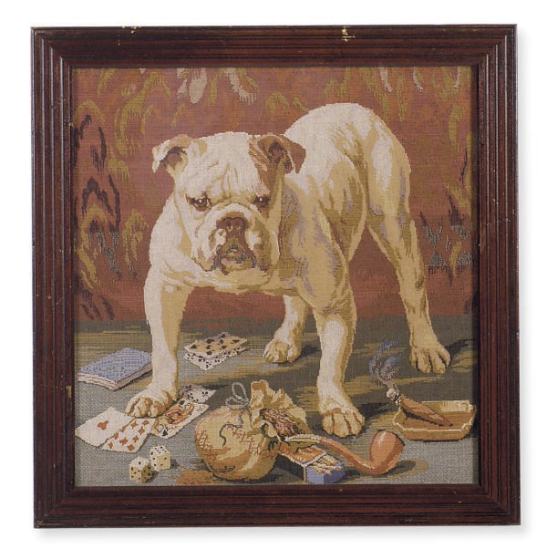 A GROUP OF FOUR FRAMED NEEDLEWORK PICTURES OF DOGS,