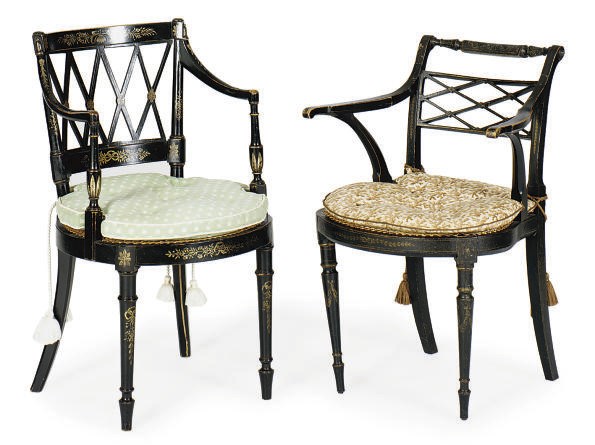A LATE GEORGE III EBONIZED AND PARCEL-GILT CANED ARMCHAIR,