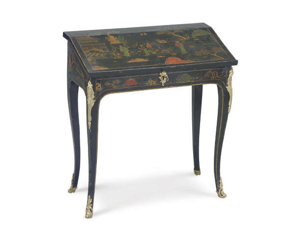 A LOUIS XV STYLE ORMOLU-MOUNTED BLACK, RED AND GILT-JAPANNED BUREAU DE DAME,