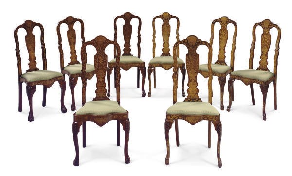 A MATCHED SET OF EIGHT DUTCH WALNUT AND FRUITWOOD MARQUETRY DINING CHAIRS,