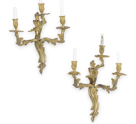 A PAIR OF FRENCH ORMOLU THREE-BRANCH WALL-LIGHTS,