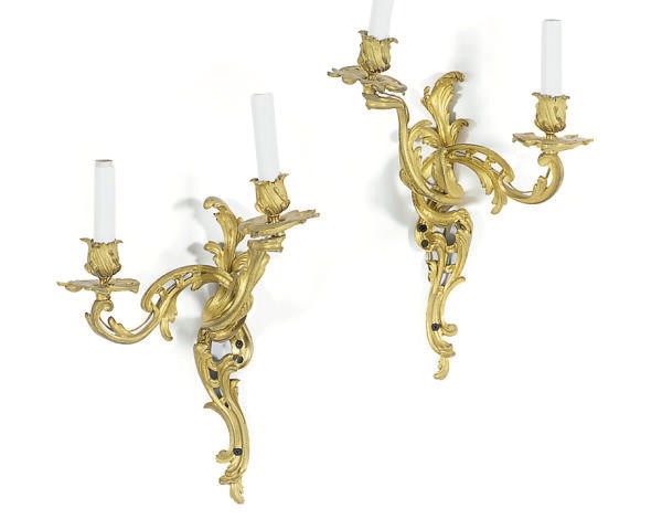 A PAIR OF ORMOLU TWO-BRANCH WALL-LIGHTS,