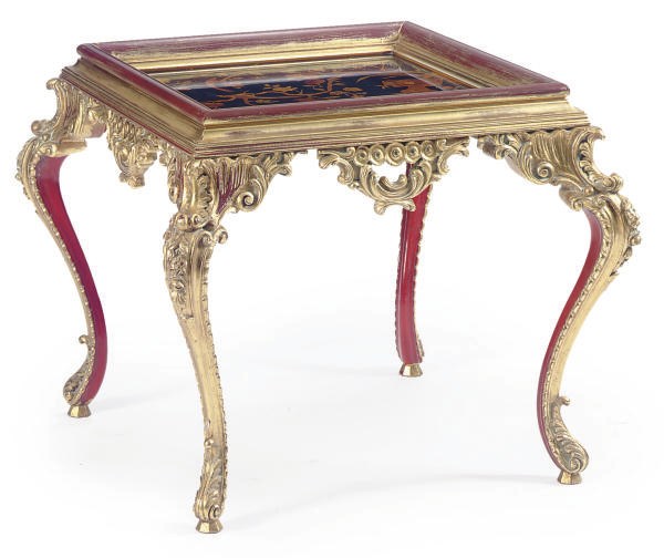 A PAIR OF MACASSAR EBONY, RED-PAINTED, PARCEL-GILT AND FLORAL MARQUETRY CENTER TABLES,
